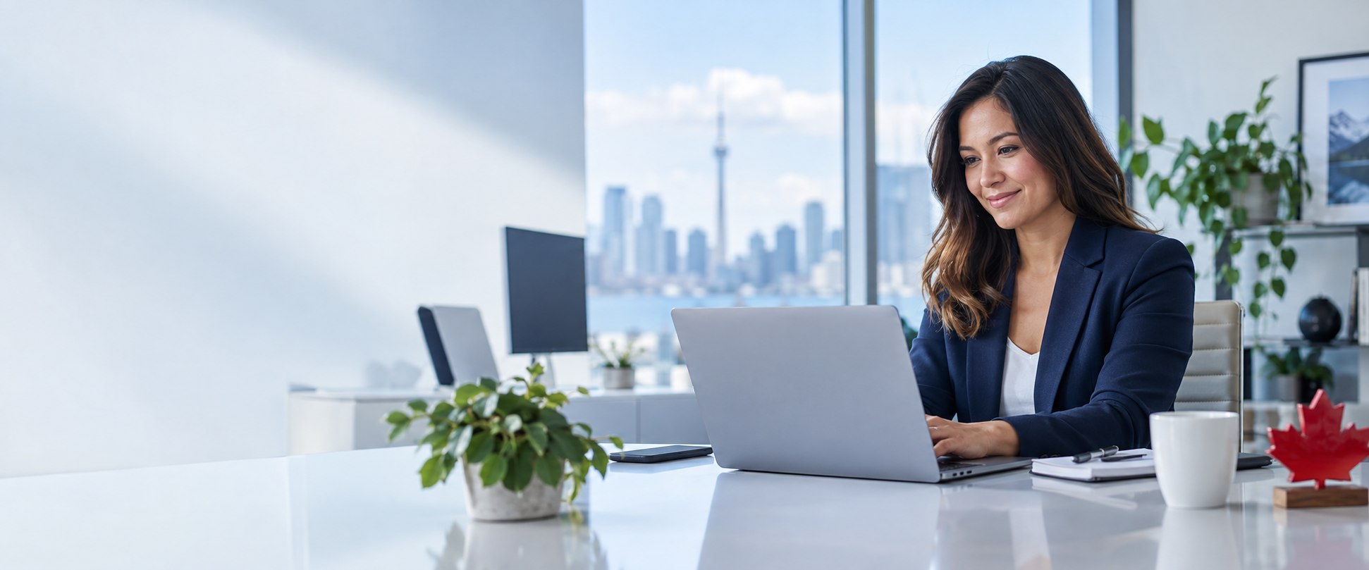 UK professional choosing software at a modern laptop workstation