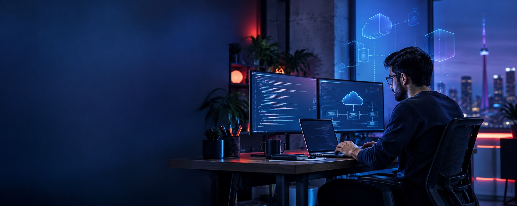 Software developer working in a modern Manchester technology studio