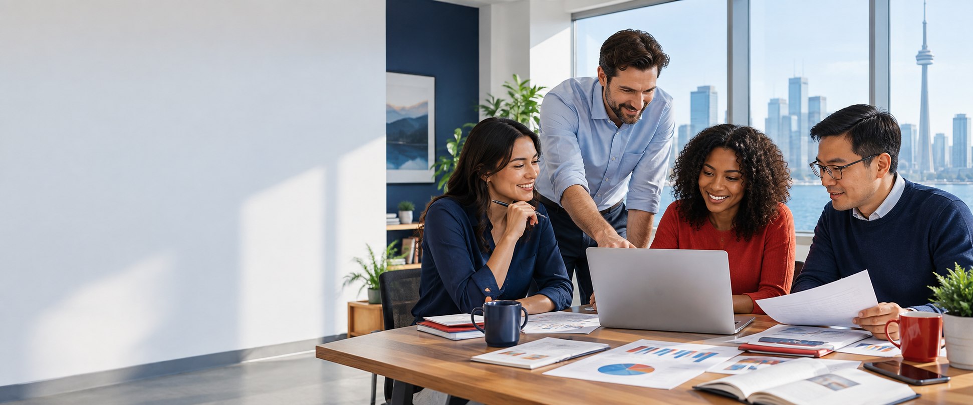 UK team collaborating on productivity work around a laptop