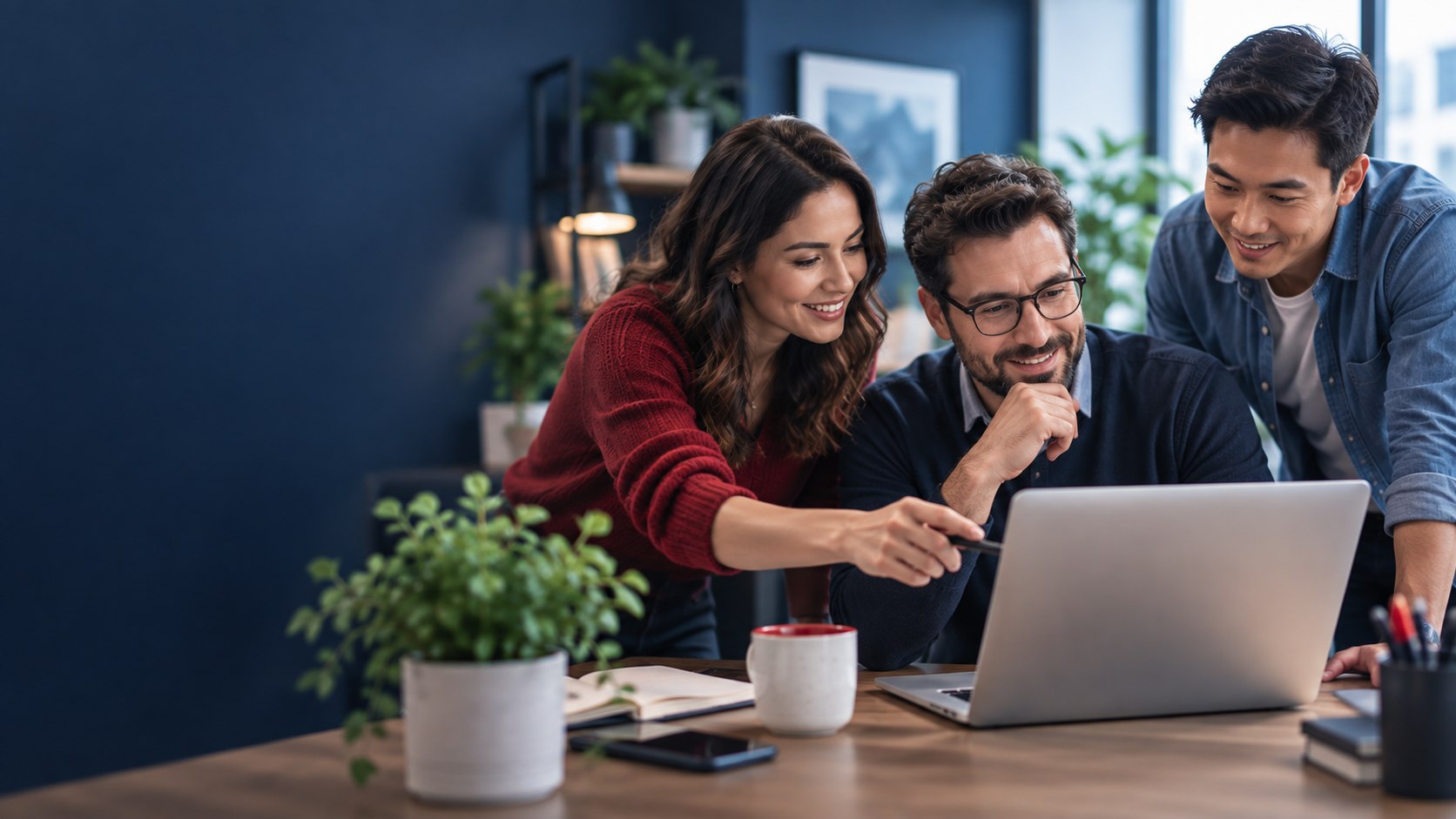 UK business team reviewing software requirements together