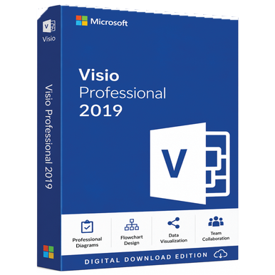 Microsoft Visio Professional 2019 for Windows PC product package and licence artwork