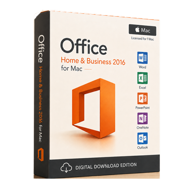 Microsoft Office Home & Business 2016 for Mac – 1 Mac Digital Licence product package and licence artwork
