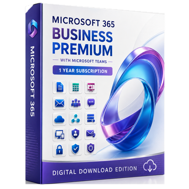Microsoft 365 Business Premium with Microsoft Teams — 1 Year (5, 10 or 15 Users) product package and licence artwork