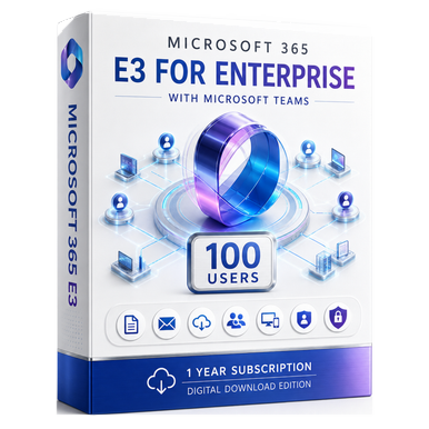 Microsoft 365 E3 for Enterprise – 100 Users with Teams | 1-Year Subscription product package and licence artwork