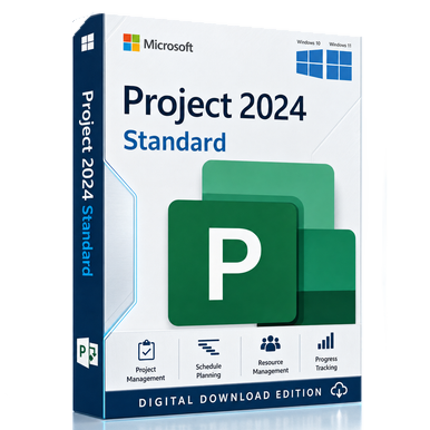 Microsoft Project Standard 2024 for Windows – Digital Licence product package and licence artwork