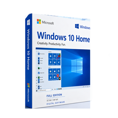 Microsoft Windows 10 Home – Full Edition for 32-bit & 64-bit PCs product package and licence artwork