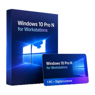 Microsoft Windows 10 Pro N for Workstations – 1 PC Digital Licence product package and licence artwork