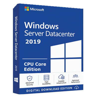 Microsoft Windows Server 2019 Datacenter — CPU Core License product package and licence artwork