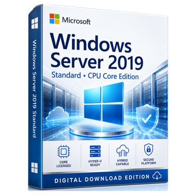 Microsoft Windows Server 2019 Standard — CPU Core Licence product package and licence artwork