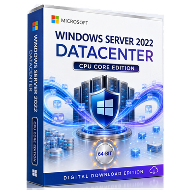 Microsoft Windows Server 2022 Datacenter – CPU Core License product package and licence artwork