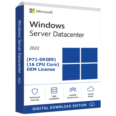 Microsoft Windows Server 2022 Datacenter 16-Core OEM Licence (P71-09389) product package and licence artwork