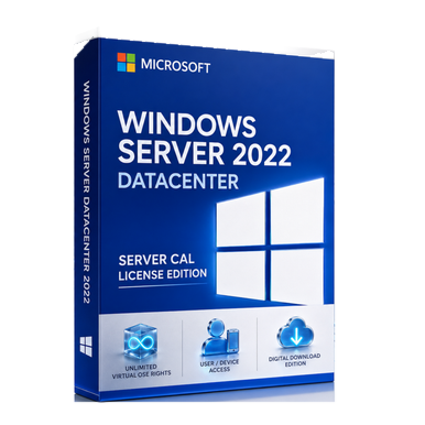Microsoft Windows Server 2022 Datacenter – Server CALs product package and licence artwork