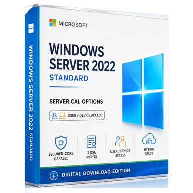 Microsoft Windows Server 2022 Standard – Server CALs product package and licence artwork