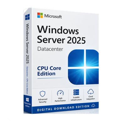 Microsoft Windows Server 2025 Datacenter CPU Core Edition product package and licence artwork