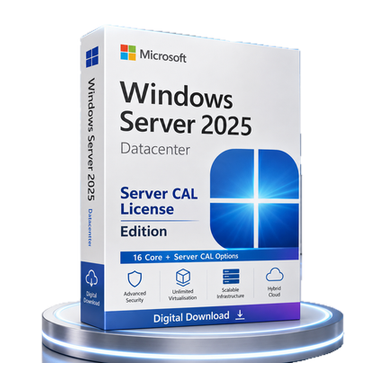 Microsoft Windows Server 2025 Datacenter – Server CAL Bundle product package and licence artwork