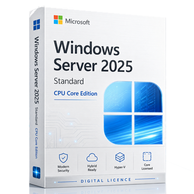 Microsoft Windows Server 2025 Standard CPU Core Edition product package and licence artwork