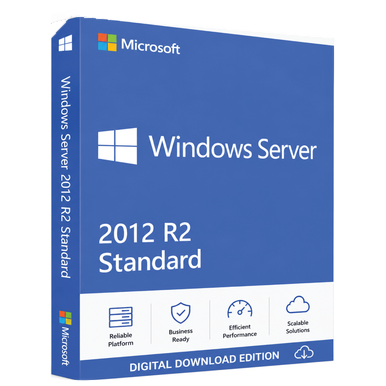 Microsoft Windows Server 2012 R2 Standard – Up to 16 Cores + 10 CALs product package and licence artwork