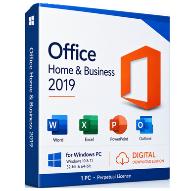Office 2019 Home & Business for Windows | Digital Key product package and licence artwork