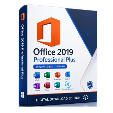 Microsoft Office 2019 Professional Plus for Windows product package and licence artwork