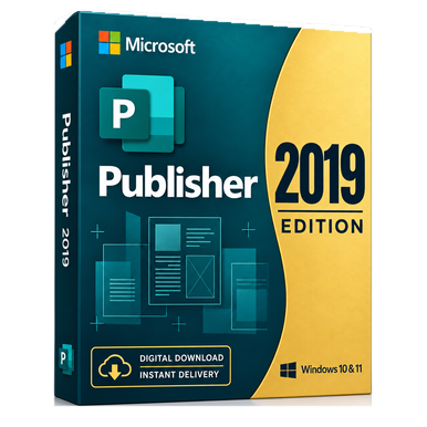 Microsoft Publisher 2019 for Windows product package and licence artwork