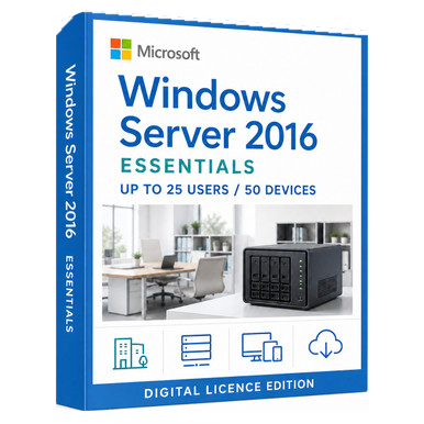 Windows Server 2016 Essentials Licence product package and licence artwork