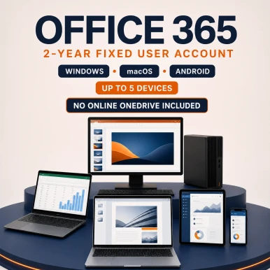 Office 365 Fixed User Account for 5 Devices – 2 Years product package and licence artwork